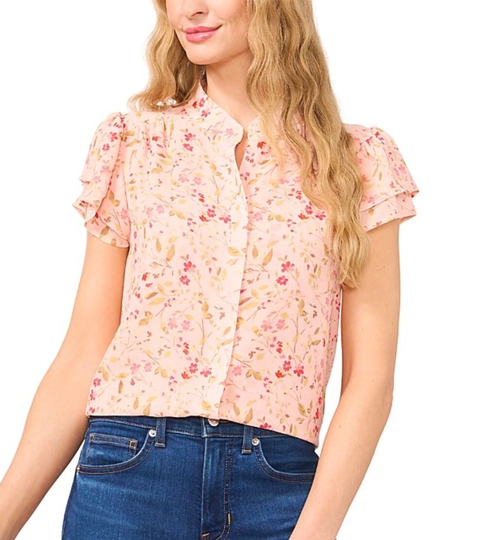 CECE Women's Placket Blouse Medium Pink Floral Double Flutter Short Sleeves NWT
